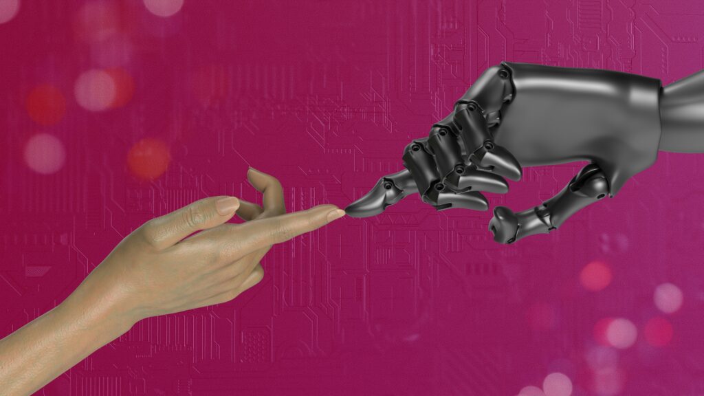 Illustration of AI-driven marketing automation with robots analyzing data, automating emails, and optimizing customer journeys on digital dashboards